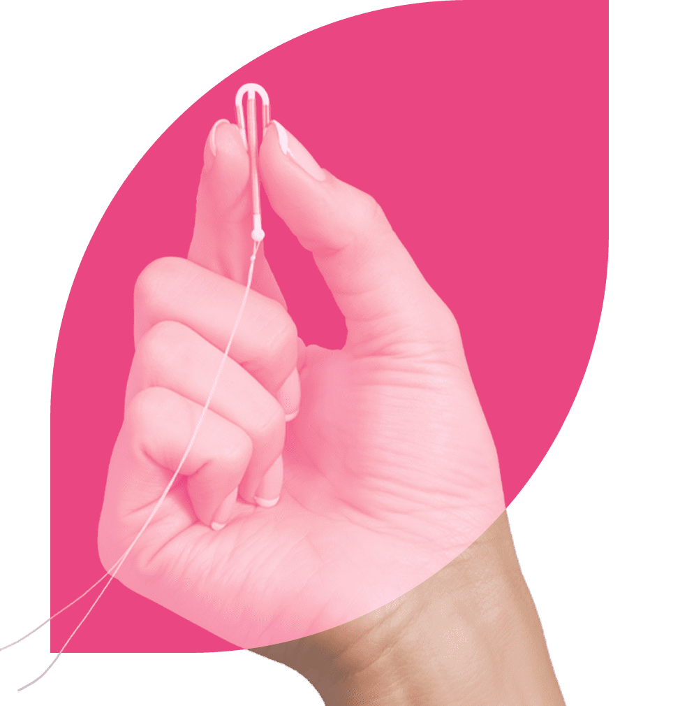 Paragard IUD device overlayed with a pink Paragard logo and the T-shaped unit primed for insertion
